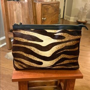 Genuine Leather and Cowhide Zebra Print Clutch with Black Trim